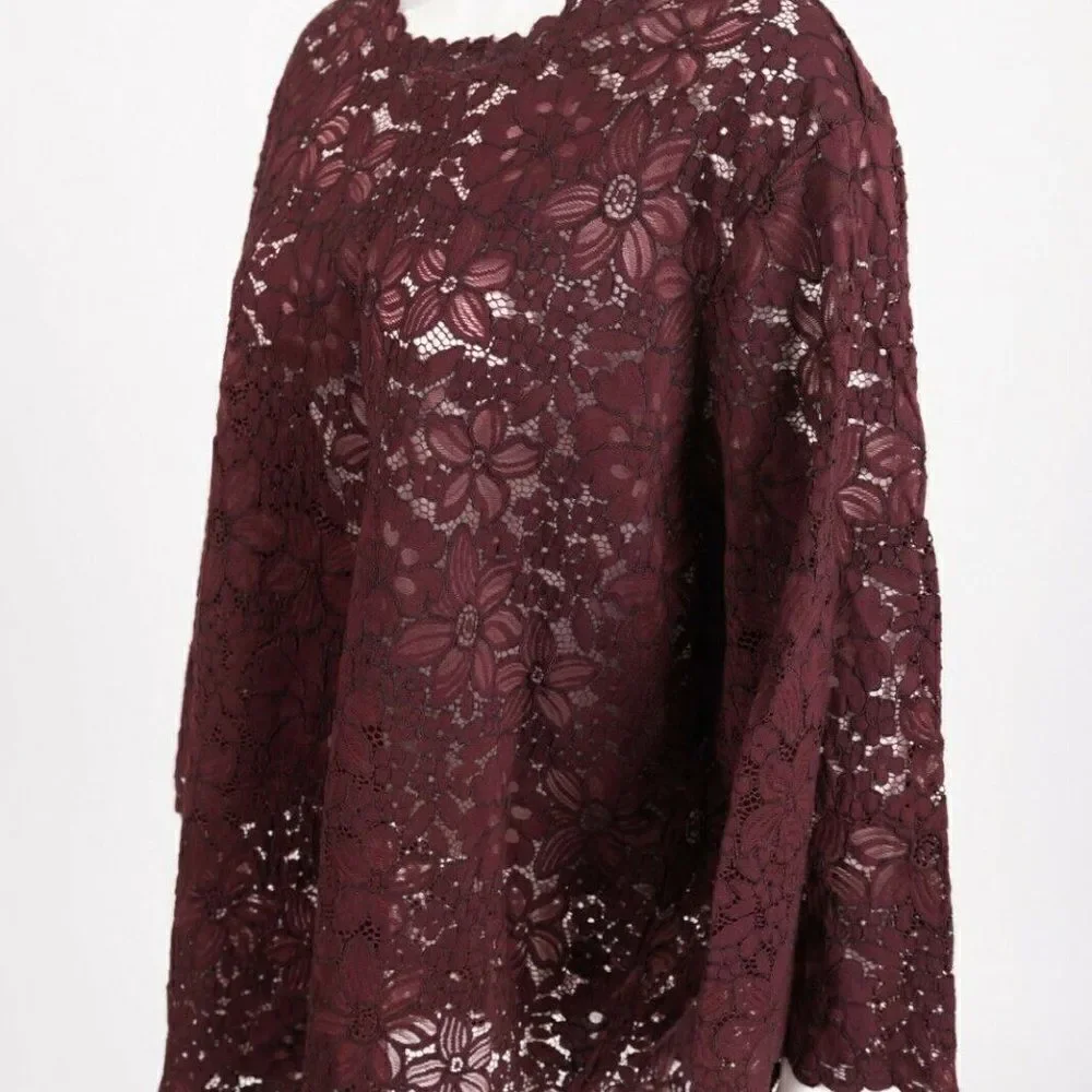 Zara Womens Lace Blouse Shirt Top XS Floral Burgun